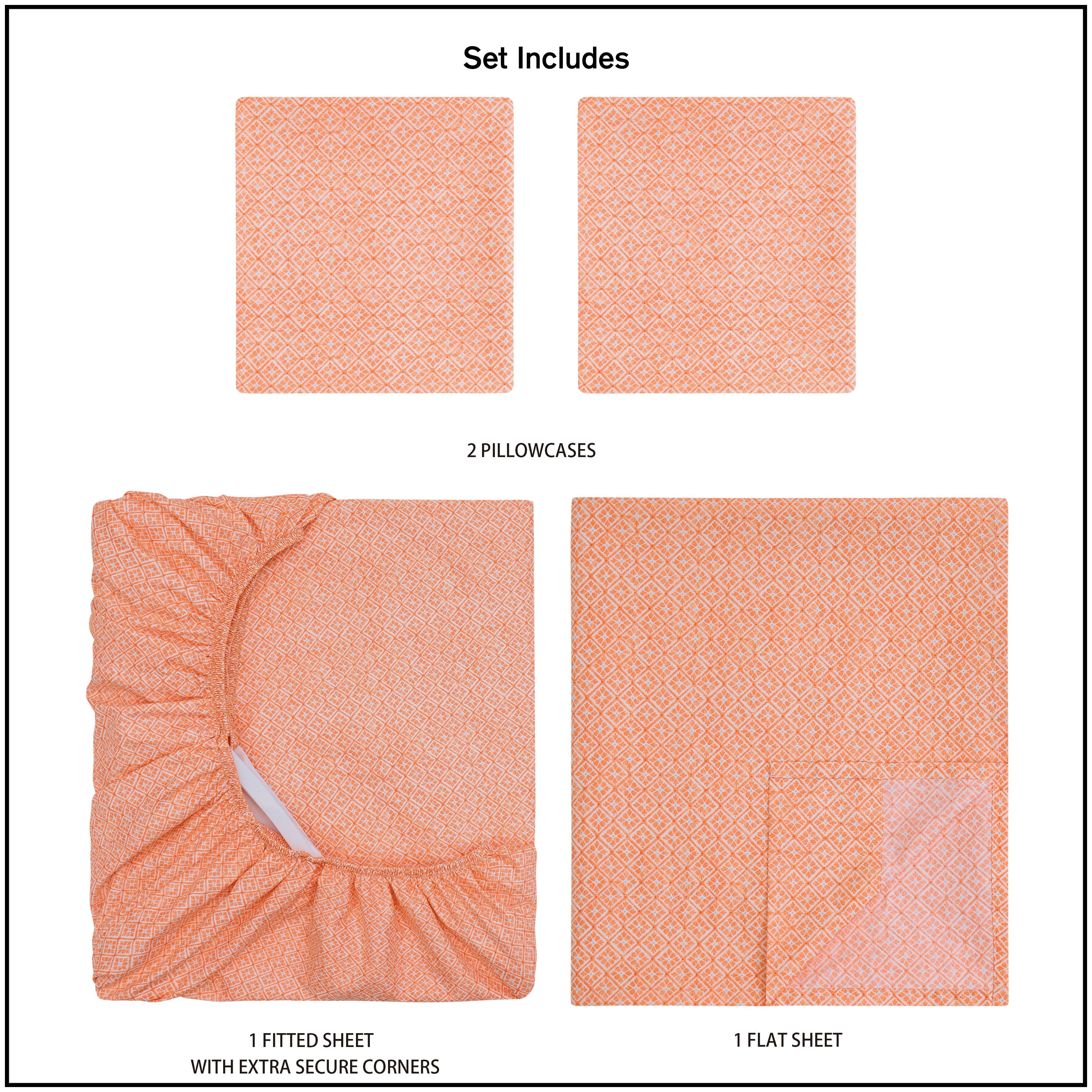 Mainstays by Becky G  & Alejandra 4 Piece Orange Warm Geo Super Soft Brushed Microfiber Bed Sheet Set  Full