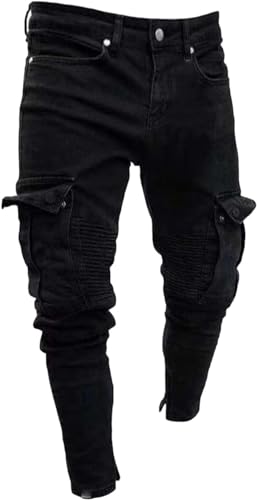 Maiyifu GJ Mens Slim Fit Stretch Biker Jeans Distressed Multi Pockets Denim Pants Fashion Skinny Tapered Leg Jeans Trousers