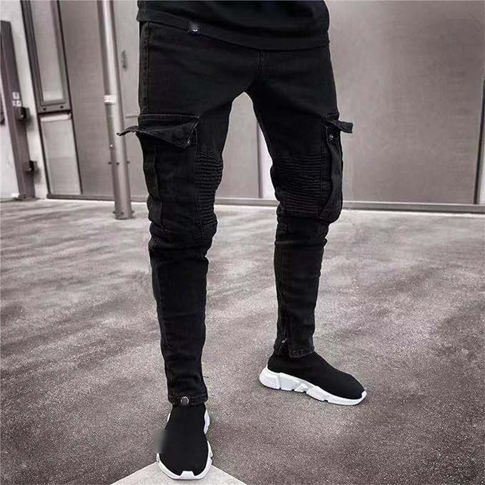 Maiyifu GJ Mens Slim Fit Stretch Biker Jeans Distressed Multi Pockets Denim Pants Fashion Skinny Tapered Leg Jeans Trousers