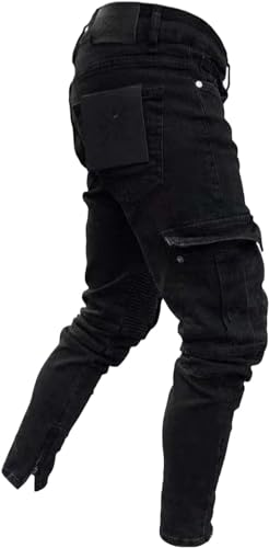 Maiyifu GJ Mens Slim Fit Stretch Biker Jeans Distressed Multi Pockets Denim Pants Fashion Skinny Tapered Leg Jeans Trousers