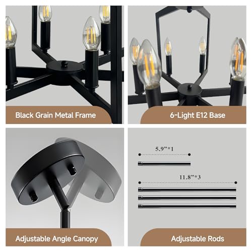 Modern Black Chandelier for Dining Room  Farmhouse Ceiling Light Fixture with Adjustable Height  Industrial Pendant Lights for Kitchen Island  Living Room  Foyer