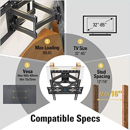 Mounting Dream TV Wall Mount for 32 65 Inch Television Mount with Swivel and Tilt  Full Motion Bracket with Articulating Dual Arms  Fits 16inch Studs  Max VESA 400X400 mm  99lbs  MD2380