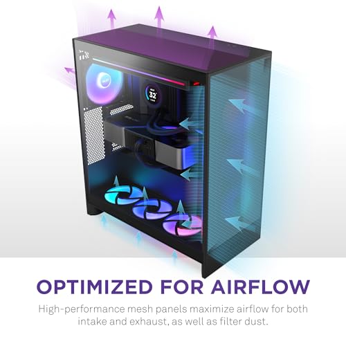 NZXT H7 Flow 2024   Mid Tower ATX Airflow Case   Includes Pre Installed 3 x 120mm Fans   Supports Bottom Fans for Dedicated GPU Cooling   Cable Management   Black