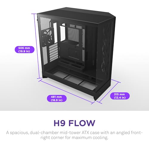 NZXT H9 Flow  2025    Large Dual Chamber ATX Mid Tower Airflow PC Case   Includes 3 x 140mm & 1 x 120mm Fans   420mm Radiator Support   Tempered Glass   Back Connect Ready   Black