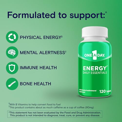 One A Day Energy Daily Essentials Multivitamin  Energy Supplement to Support Mental Alertness and Immune Health with Vitamins A C  D  E  Zinc and Caffeine  120 Count
