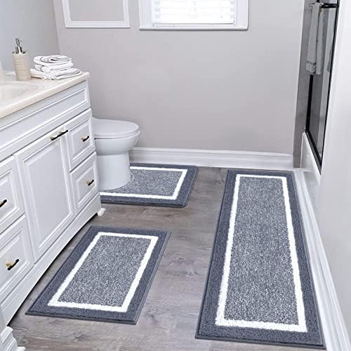 Pauwer Bathroom Rug Mat Set 3 Piece  Microfiber Shaggy Bath Set  Non Slip Ultra Soft Carpet Mats  Absorbent with U Shaped Toilet for Bathroom  Tub  Shower  Dark Grey