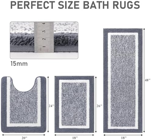 Pauwer Bathroom Rug Mat Set 3 Piece  Microfiber Shaggy Bath Set  Non Slip Ultra Soft Carpet Mats  Absorbent with U Shaped Toilet for Bathroom  Tub  Shower  Dark Grey