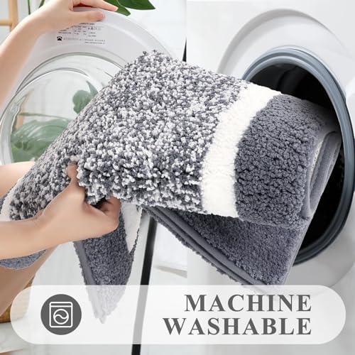 Pauwer Bathroom Rug Mat Set 3 Piece  Microfiber Shaggy Bath Set  Non Slip Ultra Soft Carpet Mats  Absorbent with U Shaped Toilet for Bathroom  Tub  Shower  Dark Grey