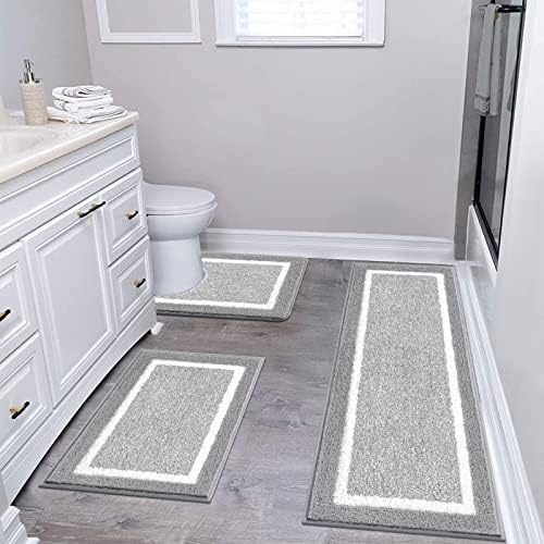 Pauwer Bathroom Rug Mat Set 3 Piece  Microfiber Shaggy Bath Set  Non Slip Ultra Soft Carpet Mats  Absorbent with U Shaped Toilet for Bathroom  Tub  Shower  Dark Grey