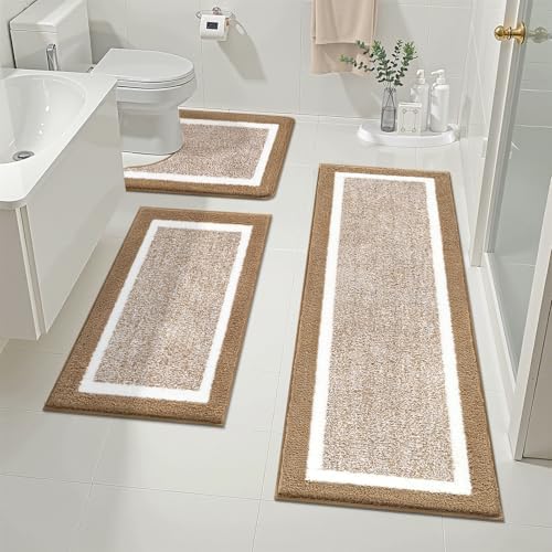 Pauwer Bathroom Rug Mat Set 3 Piece  Microfiber Shaggy Bath Set  Non Slip Ultra Soft Carpet Mats  Absorbent with U Shaped Toilet for Bathroom  Tub  Shower  Dark Grey