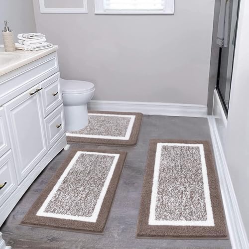 Pauwer Bathroom Rug Mat Set 3 Piece  Microfiber Shaggy Bath Set  Non Slip Ultra Soft Carpet Mats  Absorbent with U Shaped Toilet for Bathroom  Tub  Shower  Dark Grey