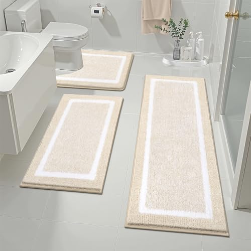 Pauwer Bathroom Rug Mat Set 3 Piece  Microfiber Shaggy Bath Set  Non Slip Ultra Soft Carpet Mats  Absorbent with U Shaped Toilet for Bathroom  Tub  Shower  Dark Grey