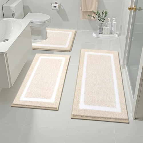 Pauwer Bathroom Rug Mat Set 3 Piece  Microfiber Shaggy Bath Set  Non Slip Ultra Soft Carpet Mats  Absorbent with U Shaped Toilet for Bathroom  Tub  Shower  Dark Grey