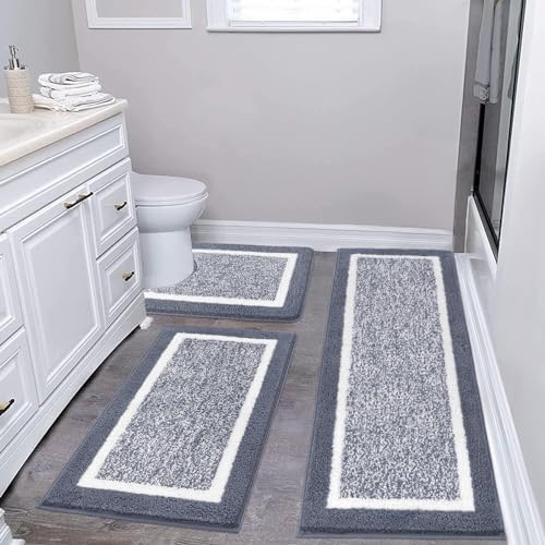 Pauwer Bathroom Rug Mat Set 3 Piece  Microfiber Shaggy Bath Set  Non Slip Ultra Soft Carpet Mats  Absorbent with U Shaped Toilet for Bathroom  Tub  Shower  Dark Grey