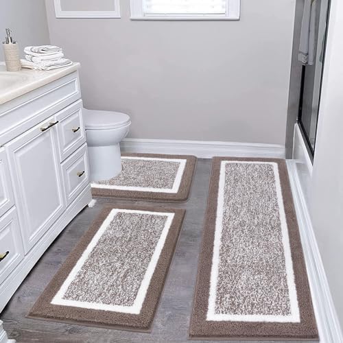 Pauwer Bathroom Rug Mat Set 3 Piece  Microfiber Shaggy Bath Set  Non Slip Ultra Soft Carpet Mats  Absorbent with U Shaped Toilet for Bathroom  Tub  Shower  Dark Grey