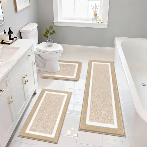 Pauwer Bathroom Rug Mat Set 3 Piece  Microfiber Shaggy Bath Set  Non Slip Ultra Soft Carpet Mats  Absorbent with U Shaped Toilet for Bathroom  Tub  Shower  Dark Grey