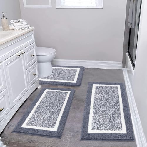 Pauwer Bathroom Rug Mat Set 3 Piece  Microfiber Shaggy Bath Set  Non Slip Ultra Soft Carpet Mats  Absorbent with U Shaped Toilet for Bathroom  Tub  Shower  Dark Grey
