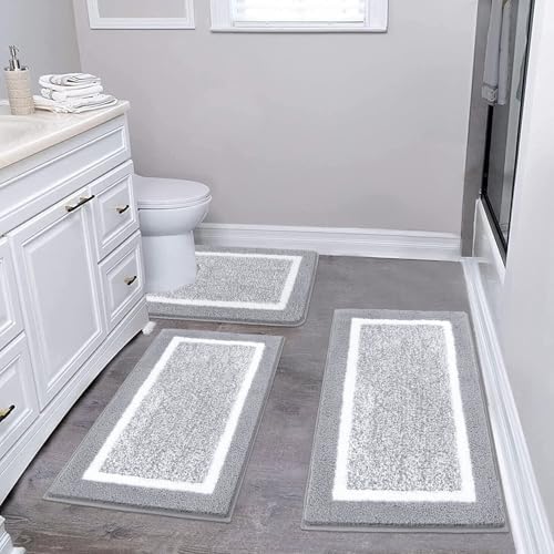 Pauwer Bathroom Rug Mat Set 3 Piece  Microfiber Shaggy Bath Set  Non Slip Ultra Soft Carpet Mats  Absorbent with U Shaped Toilet for Bathroom  Tub  Shower  Dark Grey