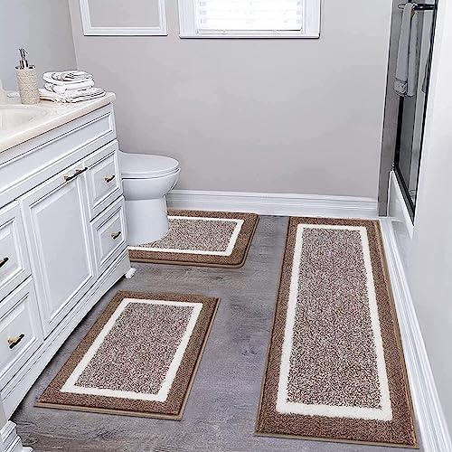 Pauwer Bathroom Rug Mat Set 3 Piece  Microfiber Shaggy Bath Set  Non Slip Ultra Soft Carpet Mats  Absorbent with U Shaped Toilet for Bathroom  Tub  Shower  Dark Grey