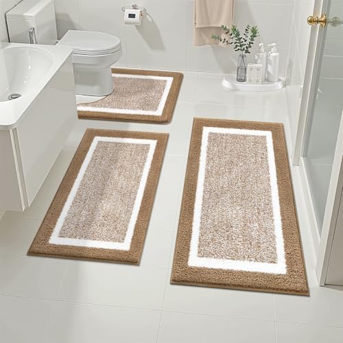Pauwer Bathroom Rug Mat Set 3 Piece  Microfiber Shaggy Bath Set  Non Slip Ultra Soft Carpet Mats  Absorbent with U Shaped Toilet for Bathroom  Tub  Shower  Dark Grey