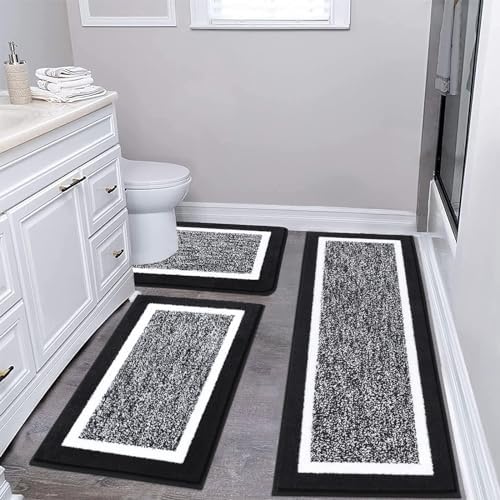 Pauwer Bathroom Rug Mat Set 3 Piece  Microfiber Shaggy Bath Set  Non Slip Ultra Soft Carpet Mats  Absorbent with U Shaped Toilet for Bathroom  Tub  Shower  Dark Grey
