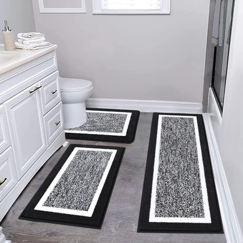 Pauwer Bathroom Rug Mat Set 3 Piece  Microfiber Shaggy Bath Set  Non Slip Ultra Soft Carpet Mats  Absorbent with U Shaped Toilet for Bathroom  Tub  Shower  Dark Grey