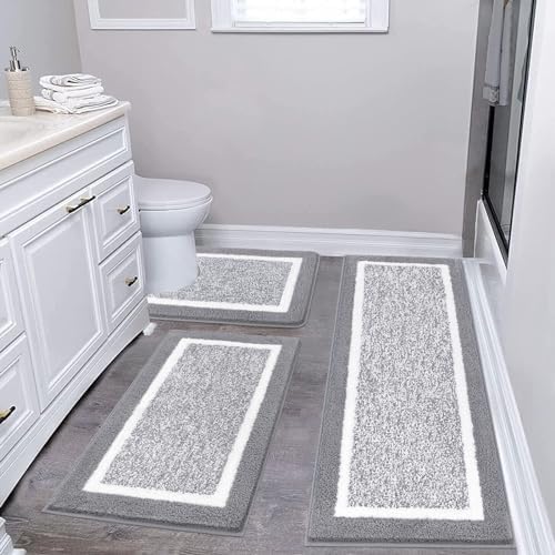 Pauwer Bathroom Rug Mat Set 3 Piece  Microfiber Shaggy Bath Set  Non Slip Ultra Soft Carpet Mats  Absorbent with U Shaped Toilet for Bathroom  Tub  Shower  Dark Grey