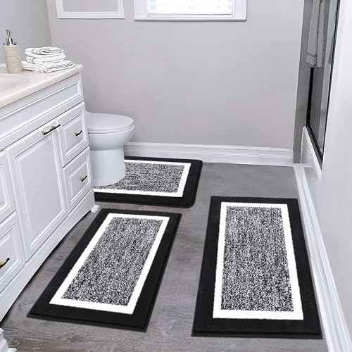 Pauwer Bathroom Rug Mat Set 3 Piece  Microfiber Shaggy Bath Set  Non Slip Ultra Soft Carpet Mats  Absorbent with U Shaped Toilet for Bathroom  Tub  Shower  Dark Grey