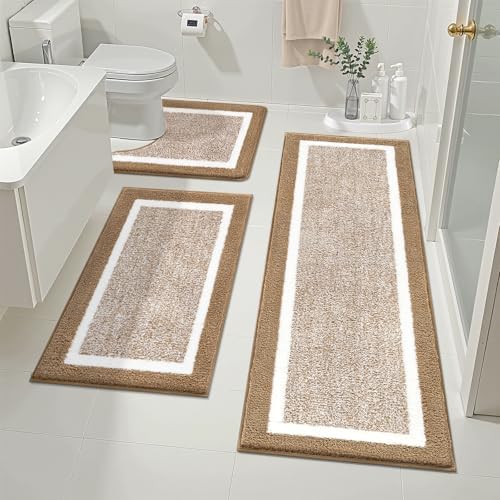 Pauwer Bathroom Rug Mat Set 3 Piece  Microfiber Shaggy Bath Set  Non Slip Ultra Soft Carpet Mats  Absorbent with U Shaped Toilet for Bathroom  Tub  Shower  Dark Grey