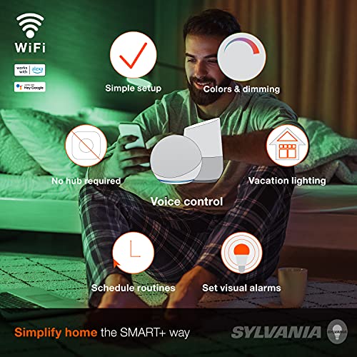 SYLVANIA Wifi LED Smart Light Bulb  60W Equivalent Full Color and Tunable White A19  Dimmable  Compatible with Alexa and Google Home Only   4 Pack  75674 