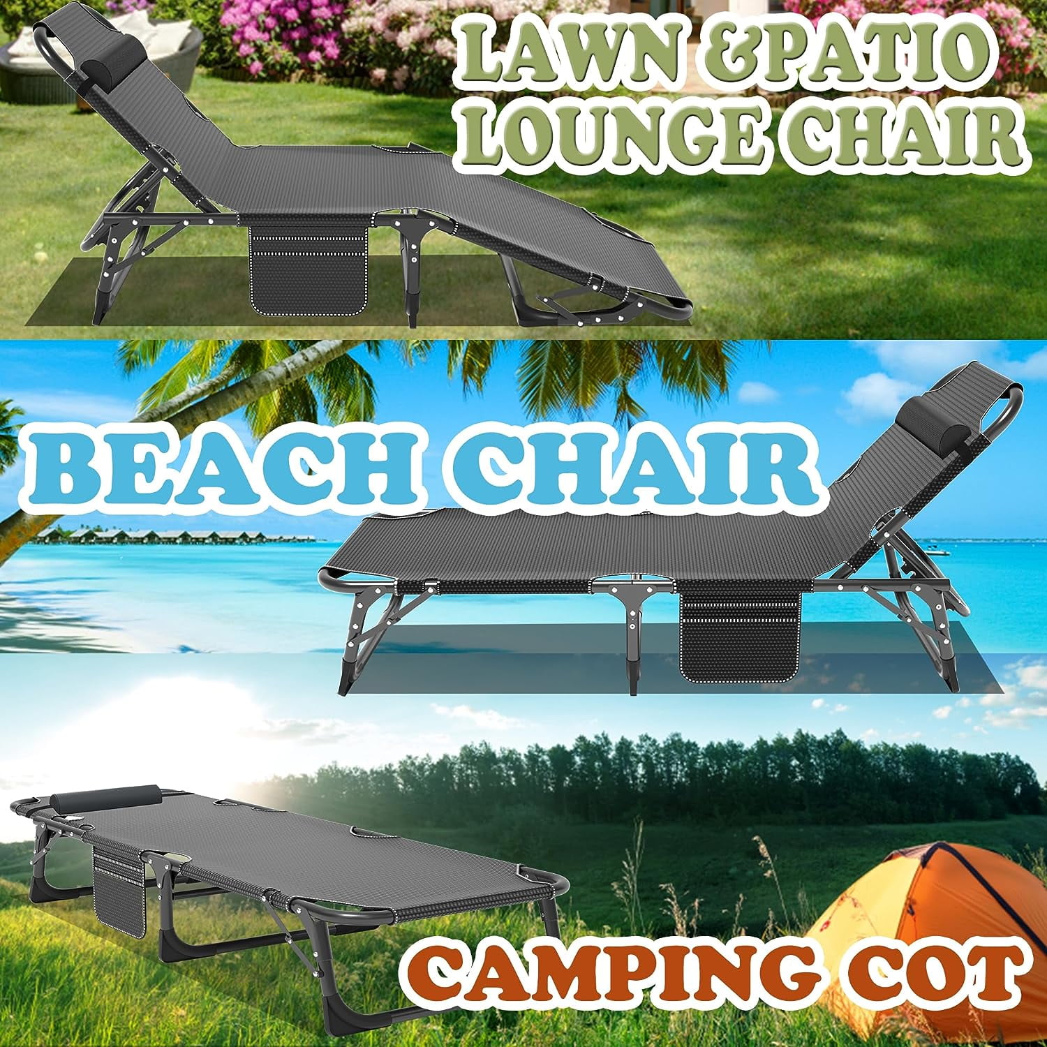 Slsy Folding Lounge Chair  5 Position Adjustable Outdoor Reclining Chair  Folding Sleeping Bed Cot  Folding Chaise Lounge Chair for Pool Beach Patio Sunbathing