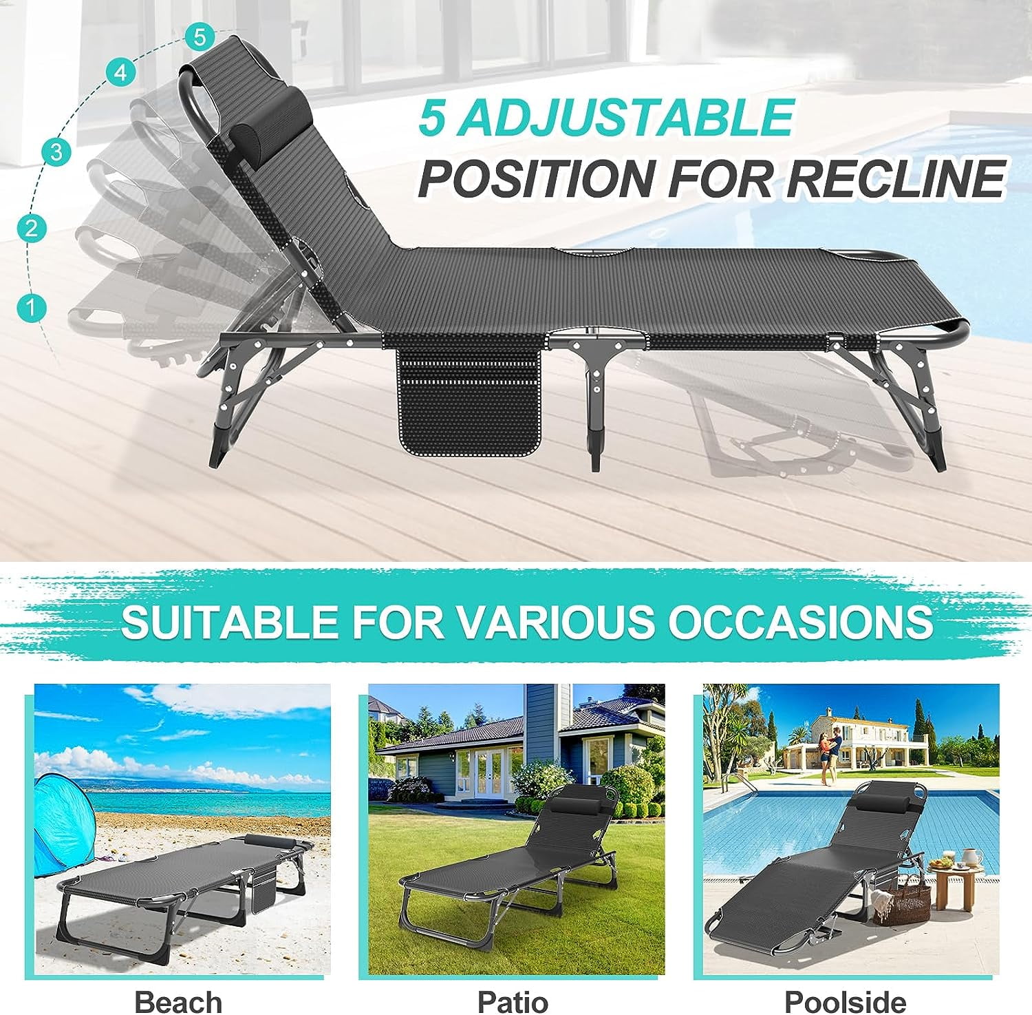 Slsy Folding Lounge Chair  5 Position Adjustable Outdoor Reclining Chair  Folding Sleeping Bed Cot  Folding Chaise Lounge Chair for Pool Beach Patio Sunbathing