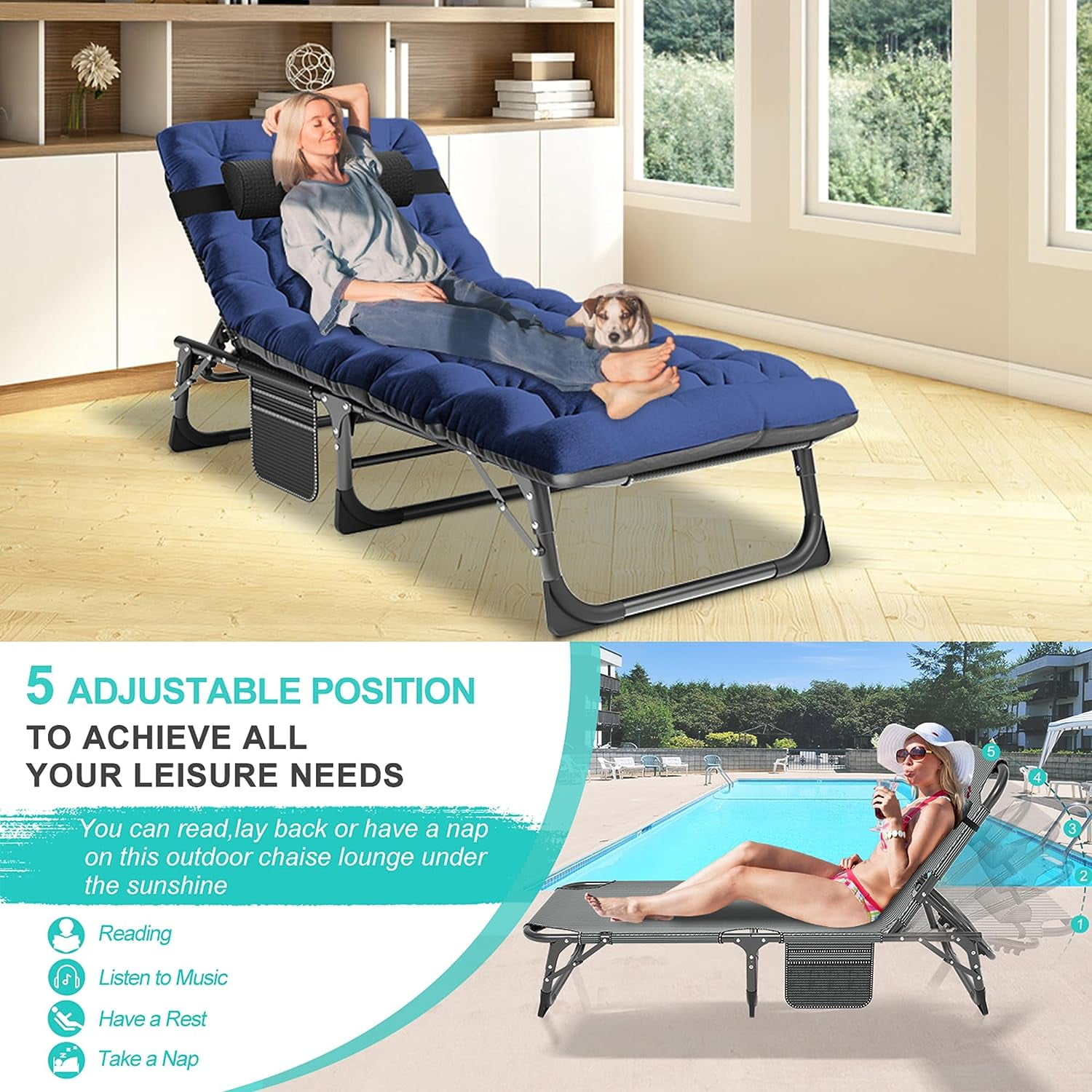 Slsy Folding Lounge Chair  5 Position Adjustable Outdoor Reclining Chair  Folding Sleeping Bed Cot  Folding Chaise Lounge Chair for Pool Beach Patio Sunbathing