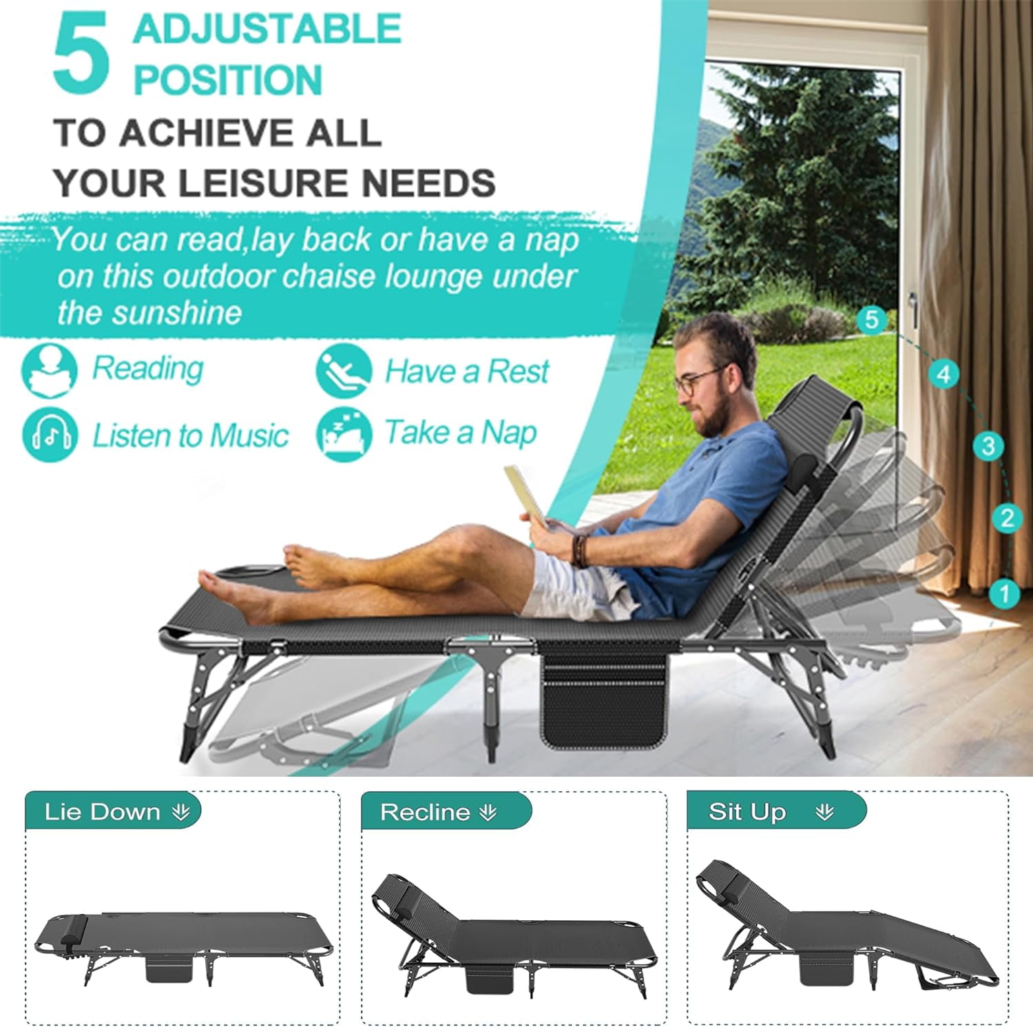 Slsy Folding Lounge Chair  5 Position Adjustable Outdoor Reclining Chair  Folding Sleeping Bed Cot  Folding Chaise Lounge Chair for Pool Beach Patio Sunbathing