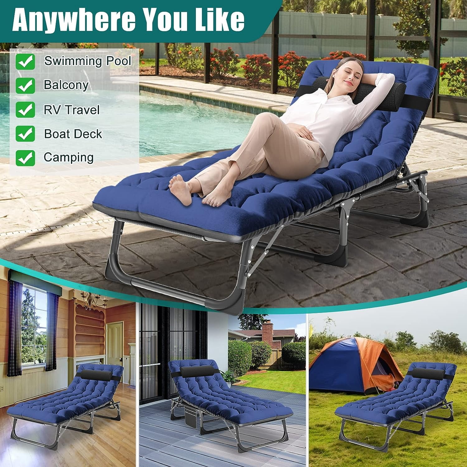 Slsy Folding Lounge Chair  5 Position Adjustable Outdoor Reclining Chair  Folding Sleeping Bed Cot  Folding Chaise Lounge Chair for Pool Beach Patio Sunbathing