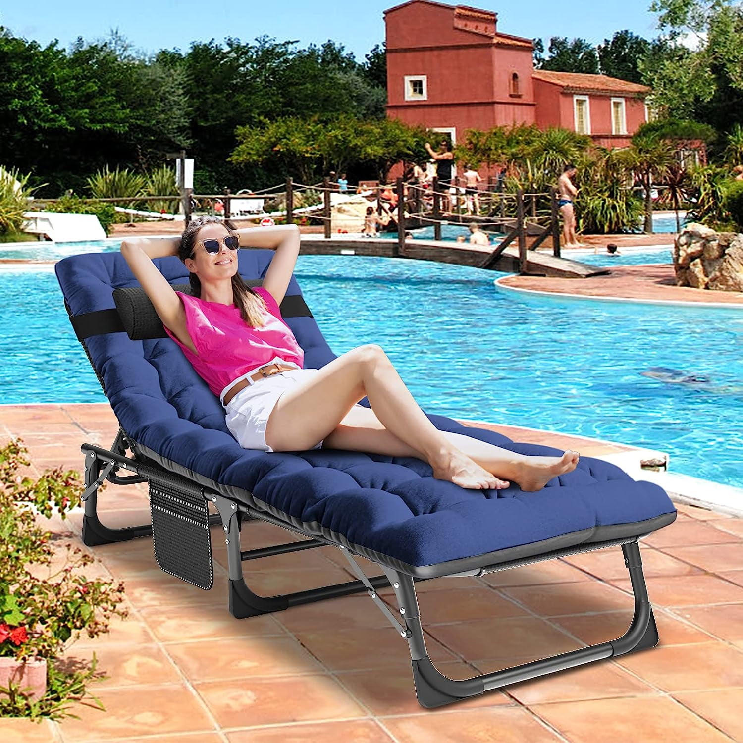 Slsy Folding Lounge Chair  5 Position Adjustable Outdoor Reclining Chair  Folding Sleeping Bed Cot  Folding Chaise Lounge Chair for Pool Beach Patio Sunbathing