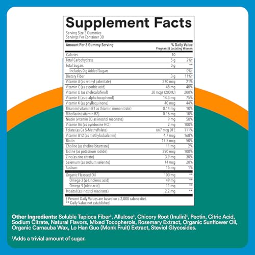 SmartyPants Zero Sugar Prenatal Multivitamin Gummies  Choline  Methylfolate  Omega 3  ALA   Vitamin D3  C  Vitamin B12  B6  A  K  Zinc  Biotin  Gluten Free  No Sugar Alcohols  90 Count  30 Day Supply 