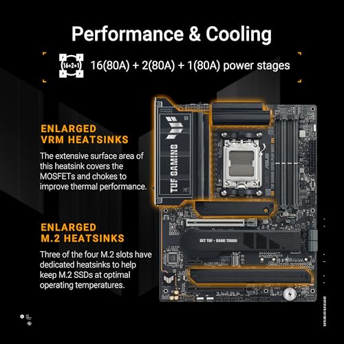 TUF Gaming X870E PLUS WIFI7 AMD X870E ATX Motherboard with 16 2 1 80A Power Stages  DDR5 Support with AEMP  PCIe 5 0 x16 with PCIe Slot Q Release Slim  Four M 2 Slots  WiFi 7 with ASUS WiFi Q Antenna