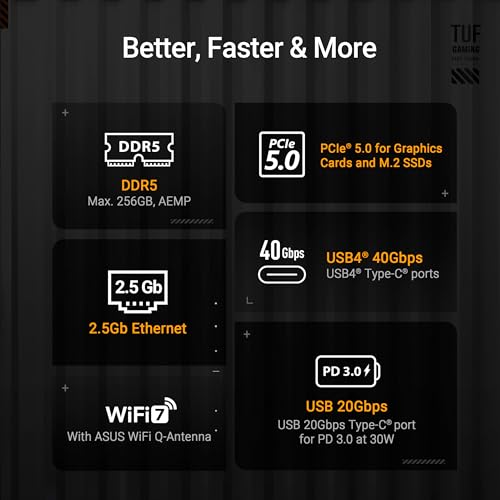 TUF Gaming X870E PLUS WIFI7 AMD X870E ATX Motherboard with 16 2 1 80A Power Stages  DDR5 Support with AEMP  PCIe 5 0 x16 with PCIe Slot Q Release Slim  Four M 2 Slots  WiFi 7 with ASUS WiFi Q Antenna