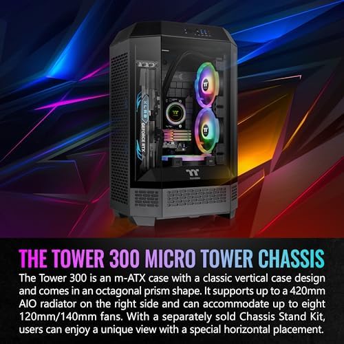 Thermaltake Tower 300 Black Micro ATX Case; 2x140mm CT Fan Included; Support Up to 420mm Radiator; Optional Chassis Stand Kit Allows Horizontal Display; CA 1Y4 00S1WN AZ; 3 Year Warranty
