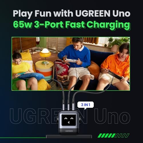 UGREEN Uno 65W USB C Charger Block  Nexode 3 Port GaN Fast Charger with Screen  Fun Robot Gifts for Men Women  Compatible with iPhone 17  MacBook Pro/Air  XPS  Galaxy S25  Steam Deck  ROG Ally  Black