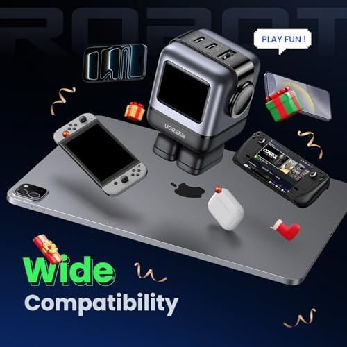 UGREEN Uno 65W USB C Charger Block  Nexode 3 Port GaN Fast Charger with Screen  Fun Robot Gifts for Men Women  Compatible with iPhone 17  MacBook Pro/Air  XPS  Galaxy S25  Steam Deck  ROG Ally  Black