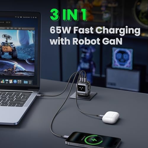 UGREEN Uno 65W USB C Charger Block  Nexode 3 Port GaN Fast Charger with Screen  Fun Robot Gifts for Men Women  Compatible with iPhone 17  MacBook Pro/Air  XPS  Galaxy S25  Steam Deck  ROG Ally  Black