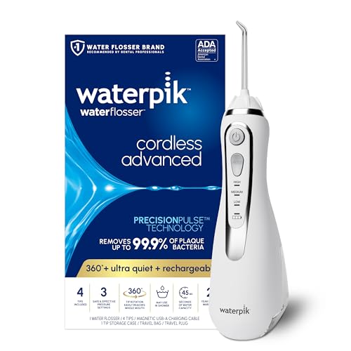 Waterpik Cordless Advanced 2 0 Water Flosser For Teeth  Gums  Braces  Dental Care With Travel Bag and 4 Tips  ADA Accepted  Rechargeable  Portable  and Waterproof  White WP 580  Packaging May Vary