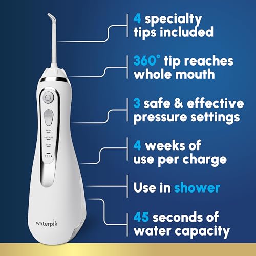 Waterpik Cordless Advanced 2 0 Water Flosser For Teeth  Gums  Braces  Dental Care With Travel Bag and 4 Tips  ADA Accepted  Rechargeable  Portable  and Waterproof  White WP 580  Packaging May Vary