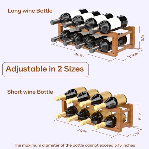 Wine Rack  2 Tier 8 Bottle Wooden Wine Storage Cabinet Shelf  Adjustable in 2 Sizes Countertop Wine Holder  Easy Assembly Freestanding Wine Organizer for Kitchen Pantry Dining Room Bar