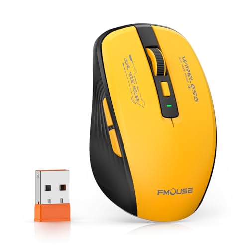 Wireless Mouse  Bluetooth & 2 4GHz USB  with Forward/Backward Side Keys  Silent Click  Ergonomic Portable AA Battery Mice for Laptop/Mac/iPad   Office & Travel Use  Yellow & Black