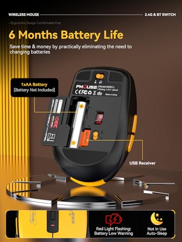 Wireless Mouse  Bluetooth & 2 4GHz USB  with Forward/Backward Side Keys  Silent Click  Ergonomic Portable AA Battery Mice for Laptop/Mac/iPad   Office & Travel Use  Yellow & Black