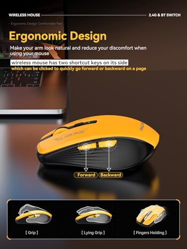 Wireless Mouse  Bluetooth & 2 4GHz USB  with Forward/Backward Side Keys  Silent Click  Ergonomic Portable AA Battery Mice for Laptop/Mac/iPad   Office & Travel Use  Yellow & Black