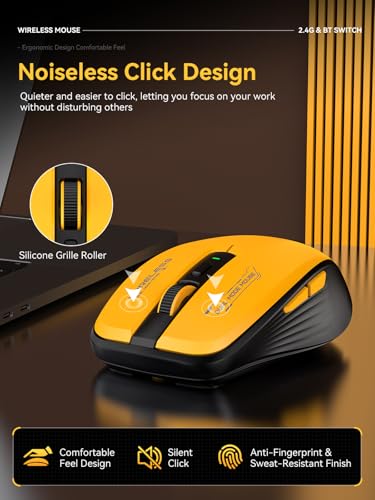 Wireless Mouse  Bluetooth & 2 4GHz USB  with Forward/Backward Side Keys  Silent Click  Ergonomic Portable AA Battery Mice for Laptop/Mac/iPad   Office & Travel Use  Yellow & Black
